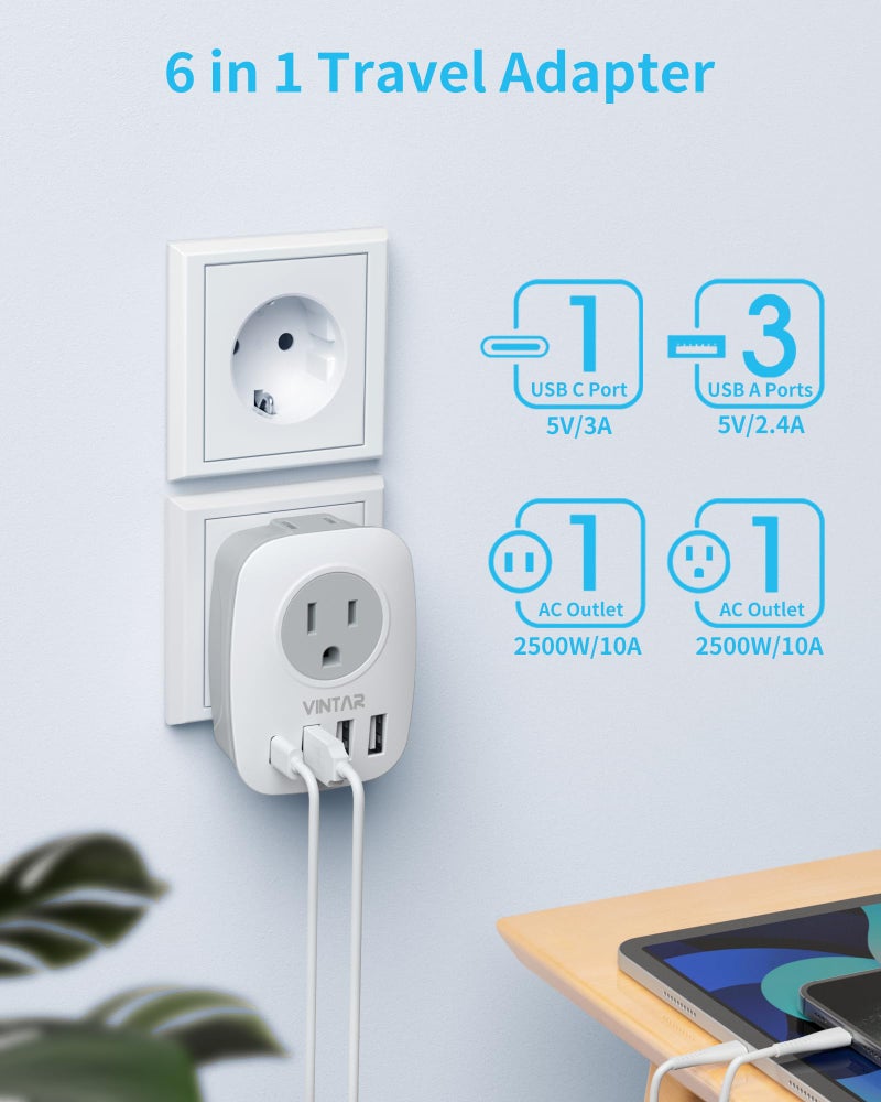 VINTAR محول سفر أوروبي 2 حزمة، محول طاقة دولي VINTAR مع 1 USB C، 2 مخرج أمريكي و 3 منافذ USB، 6 في 1 أساسيات السفر لمعظم أوروبا اليونان، إيطاليا (النوع C) - Image 4